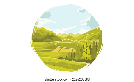Verano icono en el bosque. Un cálido día de verano. Paisaje de un bosque de verano. Un hermoso paisaje en un día de primavera. Imagen colorida y brillante. Espacios abiertos de naturaleza. Ilustración vectorial. EPS 10