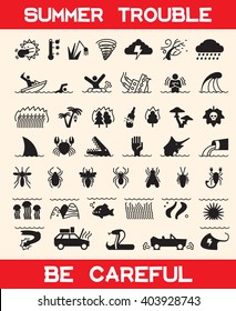Icon of summer troubles. Extreme weather, accident on water and earth, collection poisonous plants and insects, underwater risk, kinds of dangerous fish and animals.