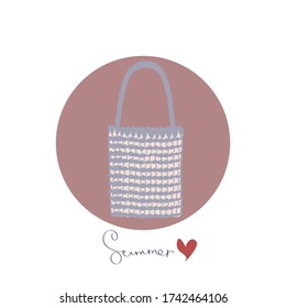 Icon of summer wicker bag. Vintage. blue and white bag. Cartoon illustration, vector.
