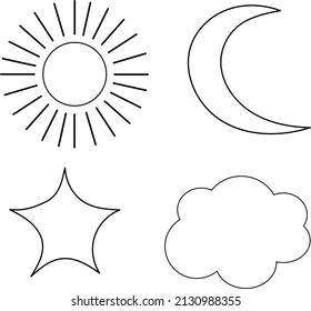 Icon of sun, moon, star and cloud, day and night. Vector illustration, black and white background