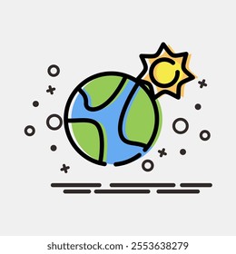 Icon sun near the earth. Global warming elements. Icon in MBE style.