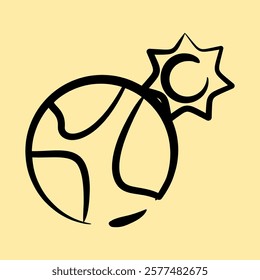 Icon sun near the earth. Global warming elements. Icon in hand drawn style.