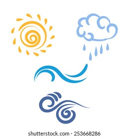 Icon Sun, Rain, Cloud, Wind, Waves, Weather Symbol, Vector Illustration