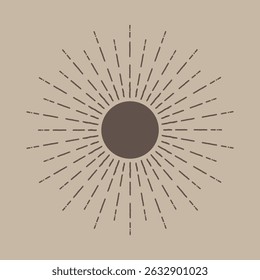 An icon with sun rays on a beige background. A sunbeam with lines. Retro logo in the form of a circle with radial rays. The sun is shaped like a star. Vector Eps 10.