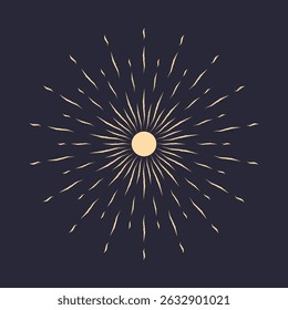 An icon with sun rays on a dark blue background. A sunbeam with lines. Retro logo in the form of a circle with radial rays. The sun is shaped like a star. Vector EPS 10.