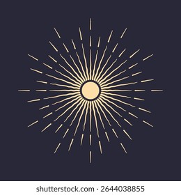 An icon with sun rays on a dark background. A sunbeam with lines. Retro logo in the form of a circle with radial rays. The sun is shaped like a star. Vector EPS 10.
