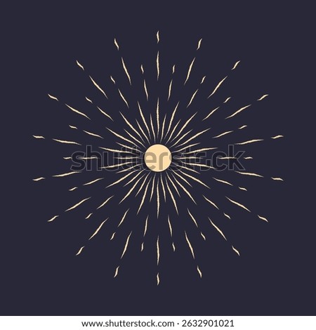 An icon with sun rays on a dark blue background. A sunbeam with lines. Retro logo in the form of a circle with radial rays. The sun is shaped like a star. Vector EPS 10.