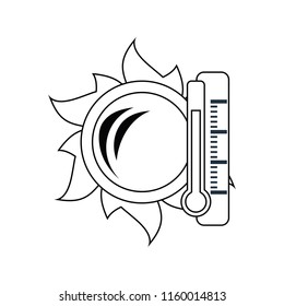 Icon of sun and thermometer with high temperature. Thin line design. Vector illustration.