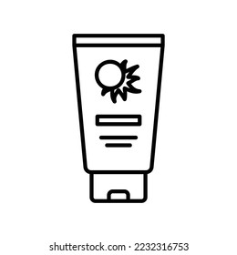 Icon of sunblock cream container for skin care on summer in black outline style