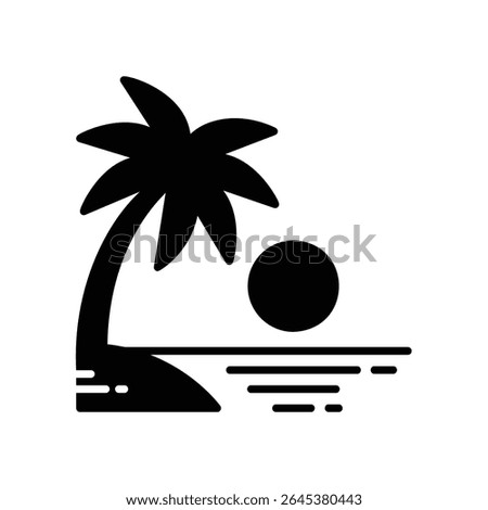 Icon of sunset in the ocean with coconut tree island