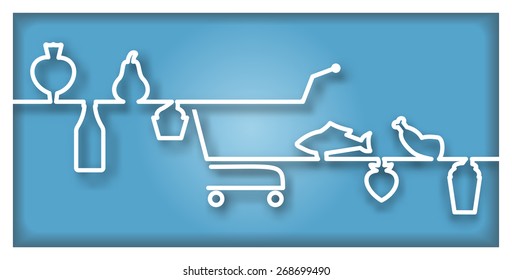 Icon with supermarket trolley and foodstuff. Vector illustration for signs, icons, logotypes and web design