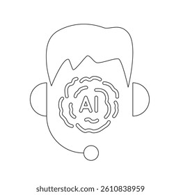 Icon of a support operator with a headset. The face is stylized as artificial intelligence, featuring a brain with the letters "AI" in the center. Represents a smart voice assistant or chatbot.
