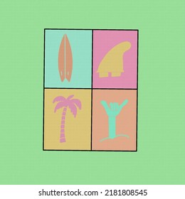 Icon of surfboard,fin,palm tree and hand