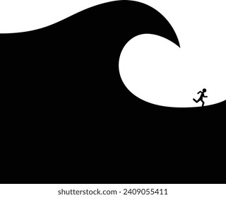 Icon of surging tsunami and people escaping, transparent background