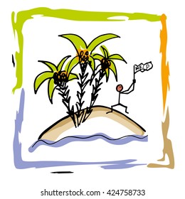 The icon of survival in the wild. Man on a desert island.