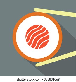 Icon of sushi on a gray background.Vector illustration of a sushi roll with chopsticks.