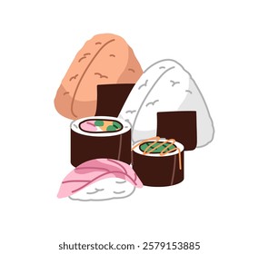 Icon of sushi, onigiri. Food of Japanese cuisine. Rice rolls with salmon. Asian snacks with fish. Traditional dish in seafood restaurant in Japan. Flat isolated vector illustration on white background