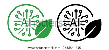 icon sustainable artificial intelligence green tech and ethical AI development AI abbreviation styled as a circuit board within a circular frame paired with a green leaf
