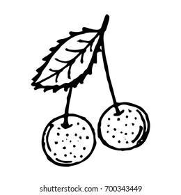 Icon of the sweet cherry. Doodle cherries. Vector illustration. Cherry with a leaf.