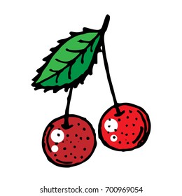 Icon of the sweet cherry. Doodle cherries. Vector illustration. Cherry with a leaf.