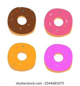 Icono de donuts dulces. Donuts de dibujos animados con diferentes colores, conjunto de alimentos de postre de pastelería de donuts. Vista superior deliciosos postres dulces donut con glaseado de chocolate y espolvorear. Donuts colección de postre glaseada.