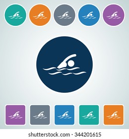 Icon of Swimmer in Multi Color Circle & Square Shape. Eps-10.