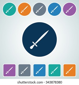 Icon of Sword in Multi Color Circle & Square Shape. Eps-10.