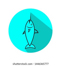 Icon swordfish design on blue bright circle background. Swordfish line icon design. Icon fish simple vector. Vector illustration.
