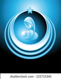 Icon or symbol consisting of the Virgin Mary the Infant Jesus and the star of Bethlehem in blue colors
