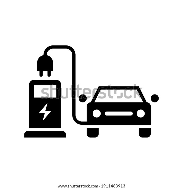 Icon and symbol of electric car with charge
station. High quality black style
vector.