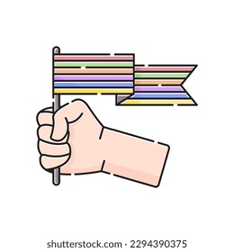 icon symbol of a hand carrying a colorful flag, pride month.