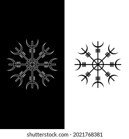 Icon symbol helm of Awe. Scandinavian sign aegishjalmur, helm of terror. Wicca isolated icon in black with white outline. Esotericism, witchcraft. Vector illustration on white and black background 