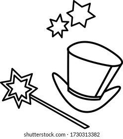 Icon, symbol of a magician, wizard or conjurer. A top hat, a shiny magic wand. Contour vector black and white drawing