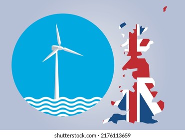 
Icon or symbol of a offshore wind turbine in blue and white with map of Wales, Scotland and England