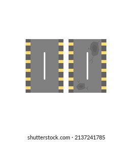 icon or symbol. paved roads are still nice and smooth. broken, potholed, destroyed, bad paved roads. object condition. before after. cartoon flat illustration. concept design. element