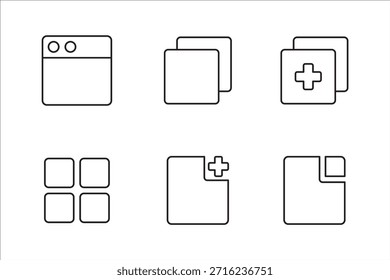 Icon symbol set for browser graphic user interface. Contains multiple window application, more tabs, new, add, maximize, minimize, more. Vector icon illustration.