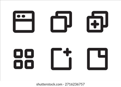Icon symbol set for browser graphic user interface. Contains multiple window application, more tabs, new, add, maximize, minimize, more. Vector icon illustration.