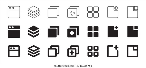 Icon symbol set for browser graphic user interface. Contains multiple window application, more tabs, new, add, maximize, minimize, more. Vector icon illustration.