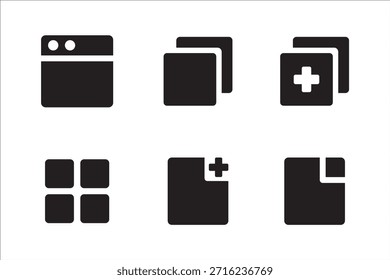 Icon symbol set for browser graphic user interface. Contains multiple window application, more tabs, new, add, maximize, minimize, more. Vector icon illustration.