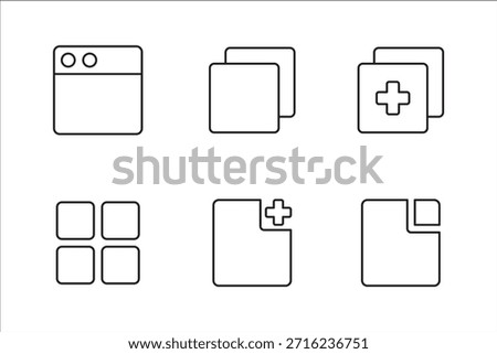 Icon symbol set for browser graphic user interface. Contains multiple window application, more tabs, new, add, maximize, minimize, more. Vector icon illustration.
