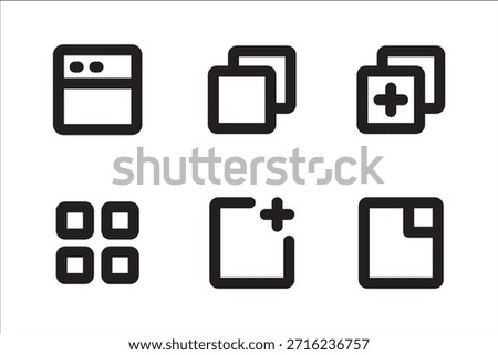 Icon symbol set for browser graphic user interface. Contains multiple window application, more tabs, new, add, maximize, minimize, more. Vector icon illustration.