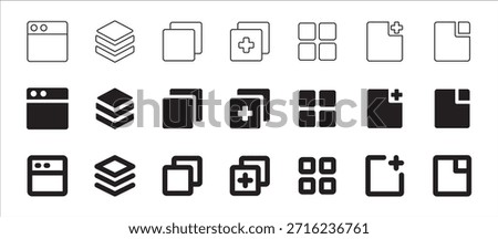 Icon symbol set for browser graphic user interface. Contains multiple window application, more tabs, new, add, maximize, minimize, more. Vector icon illustration.