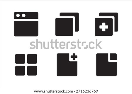 Icon symbol set for browser graphic user interface. Contains multiple window application, more tabs, new, add, maximize, minimize, more. Vector icon illustration.