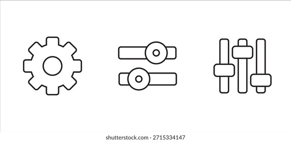 Símbolo de ícone definido para configuração, ajuste, preferência, opção, personalização, configuração, configuração, controle, manutenção, equalizador. Coleção de ícones de vetor. Ícones de engrenagem e equalizador.