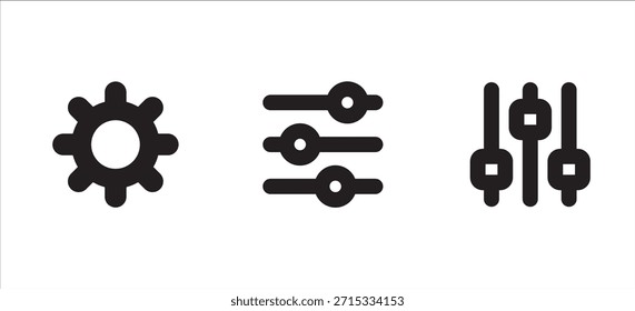 Símbolo de ícone definido para configuração, ajuste, preferência, opção, personalização, configuração, configuração, controle, manutenção, equalizador. Coleção de ícones de vetor. Ícones de engrenagem e equalizador.