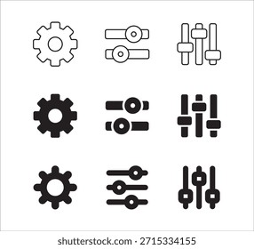 Símbolo de ícone definido para configuração, ajuste, preferência, opção, personalização, configuração, configuração, controle, manutenção, equalizador. Coleção de ícones de vetor. Ícones de engrenagem e equalizador.