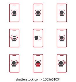 Icon and symbol set smartphone and computer scans a person face. Biometric identification. Facial recognition system concept.