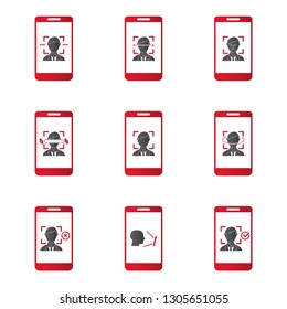 Icon and symbol set smartphone and computer scans a person face. Biometric identification. Facial recognition system concept.