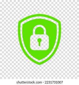 Icon or symbol of a shield with a closed padlock. Sign lock on a transparent background. Vector illustration.