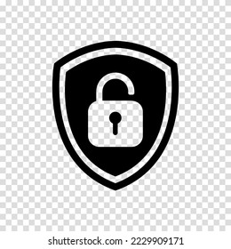 Icono o símbolo de un escudo con un candado abierto. Firmar desbloqueo en un fondo transparente. Ilustración vectorial.